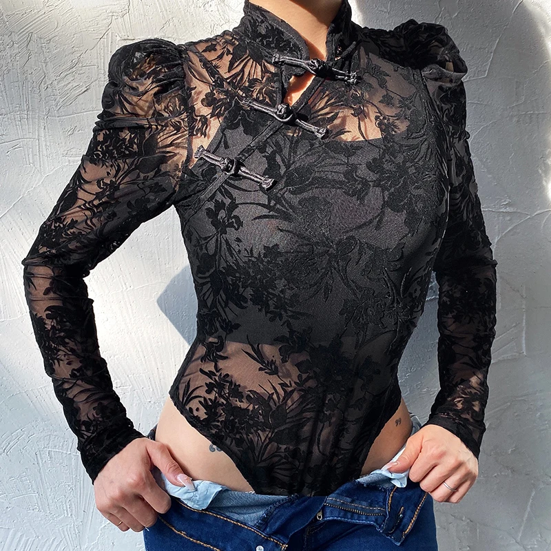 Черное цветочное Сетчатое платье Прозрачная Для женщин боди Топ Китайский шеи