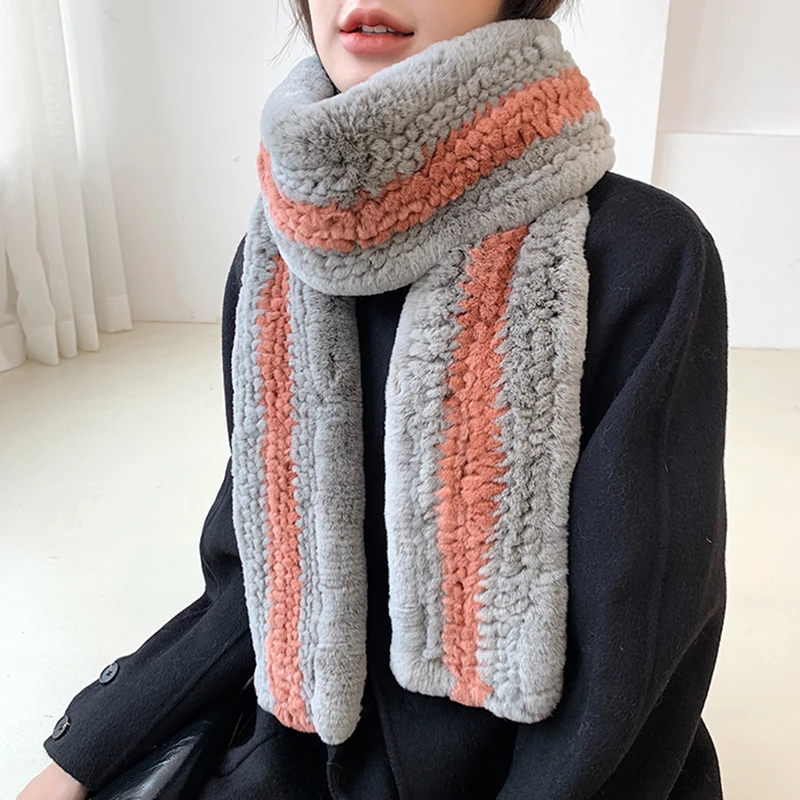 

YCFUR New Design Women Long Scarf Winter Warm Hand Knitted Real Rex Rabbit Fur Scarves for Ladies Neck Warmer Scarf Female