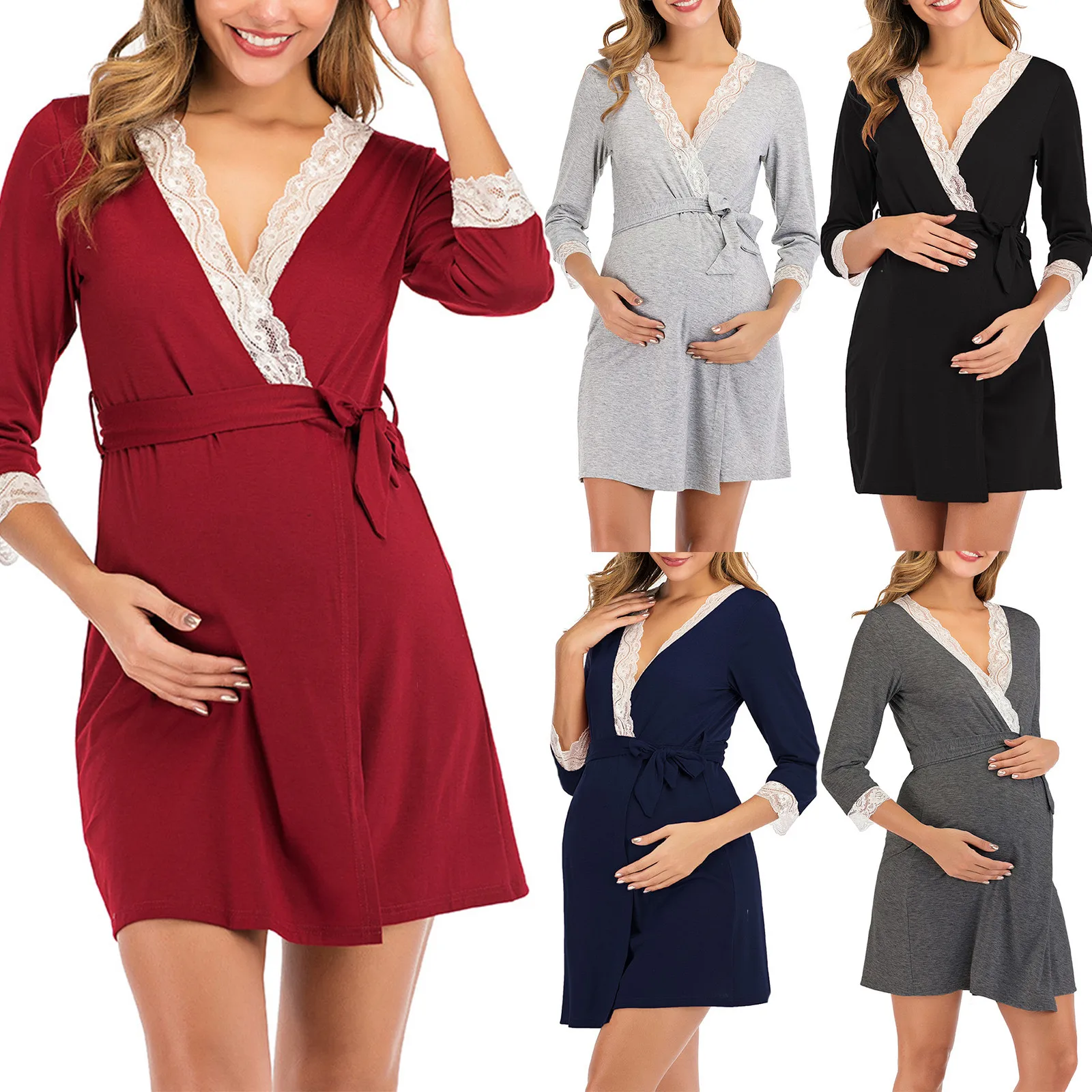 

Summer Pregnancy Pajamas Midi Dress Long Sleeve Lace Patchwork Maternity V-neck Dress Fashion Lacing Skirt Nightgown Sleepwear