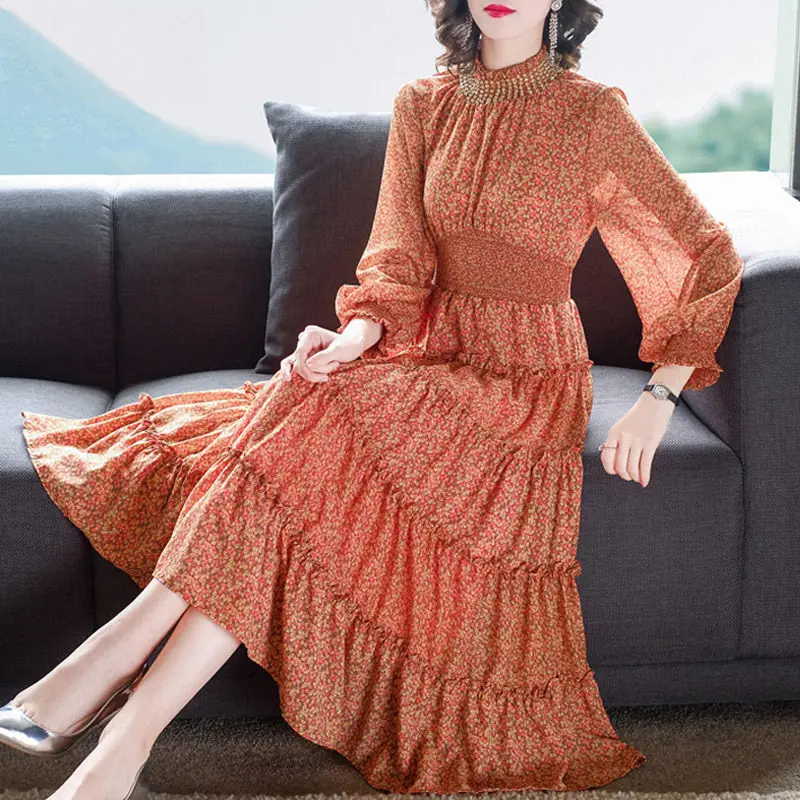 Модное весеннее платье с высоким воротником и рукавами-фонариками для женщин