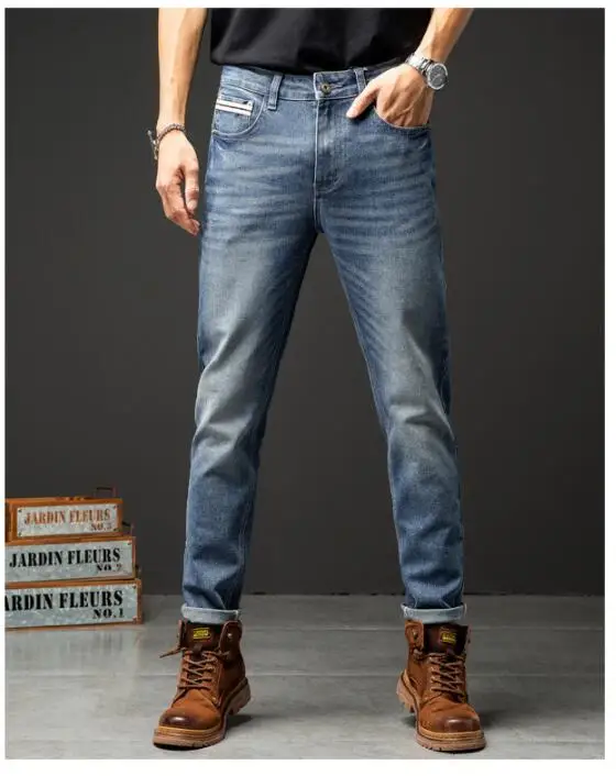 Classic Men Jeans Retro Stretch Straight Jeans Men's Spring AutumnDenim Trousers Casual Slim-Fit Jeans