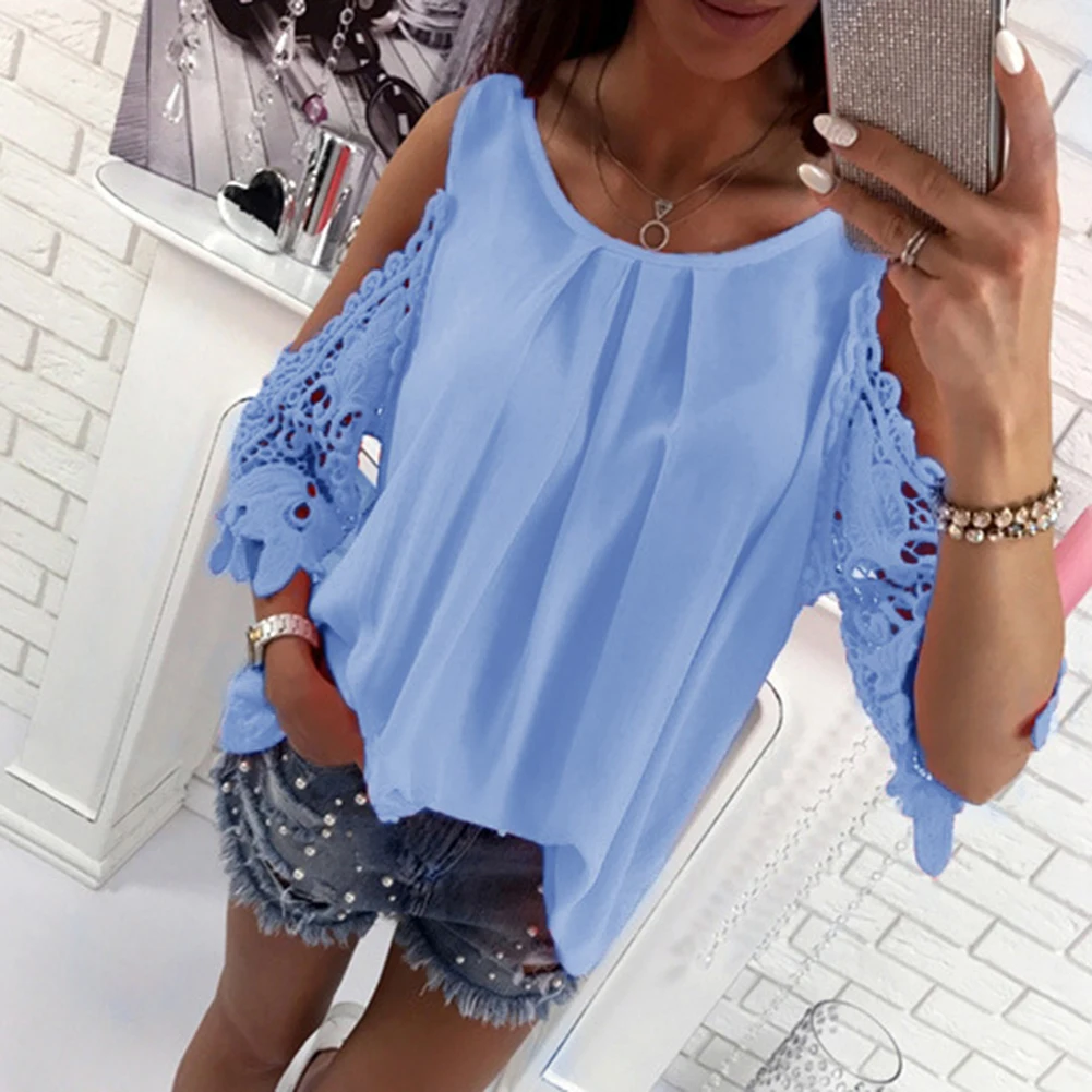 Однотонная женская рубашка пуловер с круглым вырезом и длинным рукавом|Рубашки| |