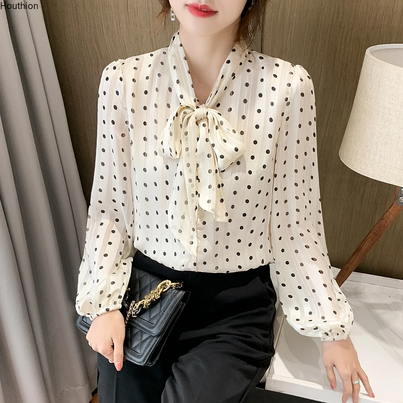 

Шелковая женская блузка Houthion, модная повседневная шелковая рубашка, новая блузка в горошек в Корейском стиле, Топ с длинным рукавом и бантом