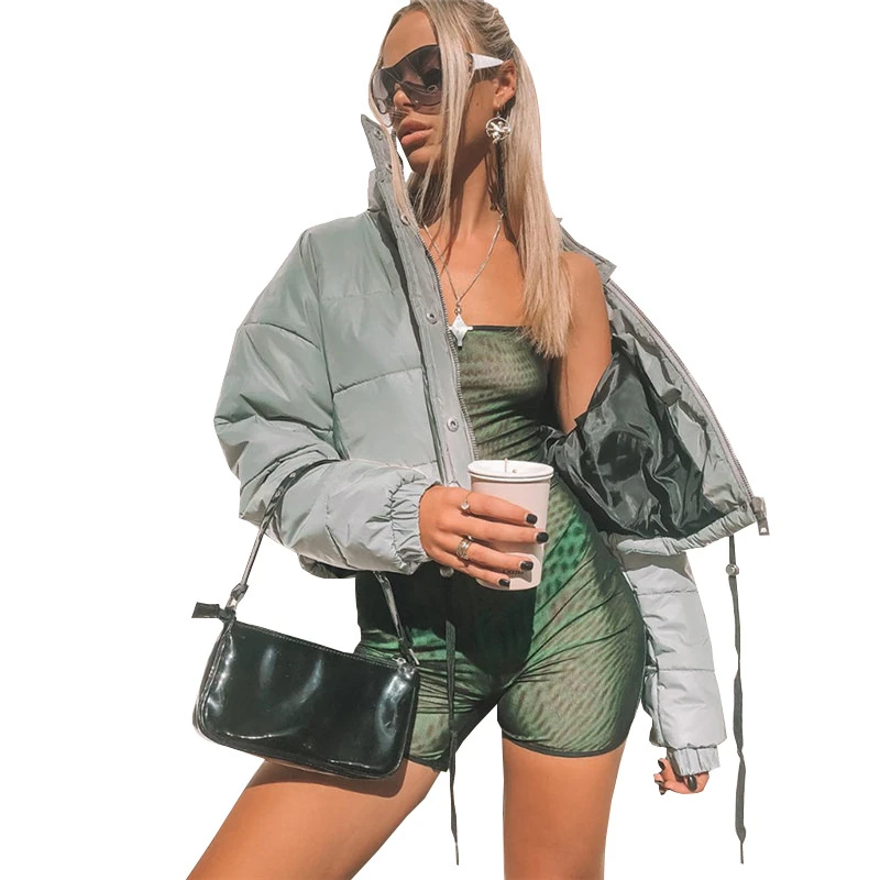 

Full Reflective Long Sleeve Coat Jacket Winter Thicken High Collar Coat Women Hipster Streetwear Down Cotton Button Zipper Parka