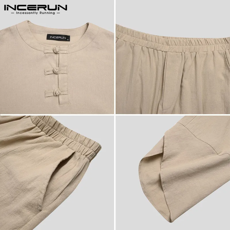

INCERUN Vintage Men Sets Solid Color 3/4 Sleeve Casual Shirt Calf Length Pants 2 Pieces Streetwear Cotton High Quality Men Suits