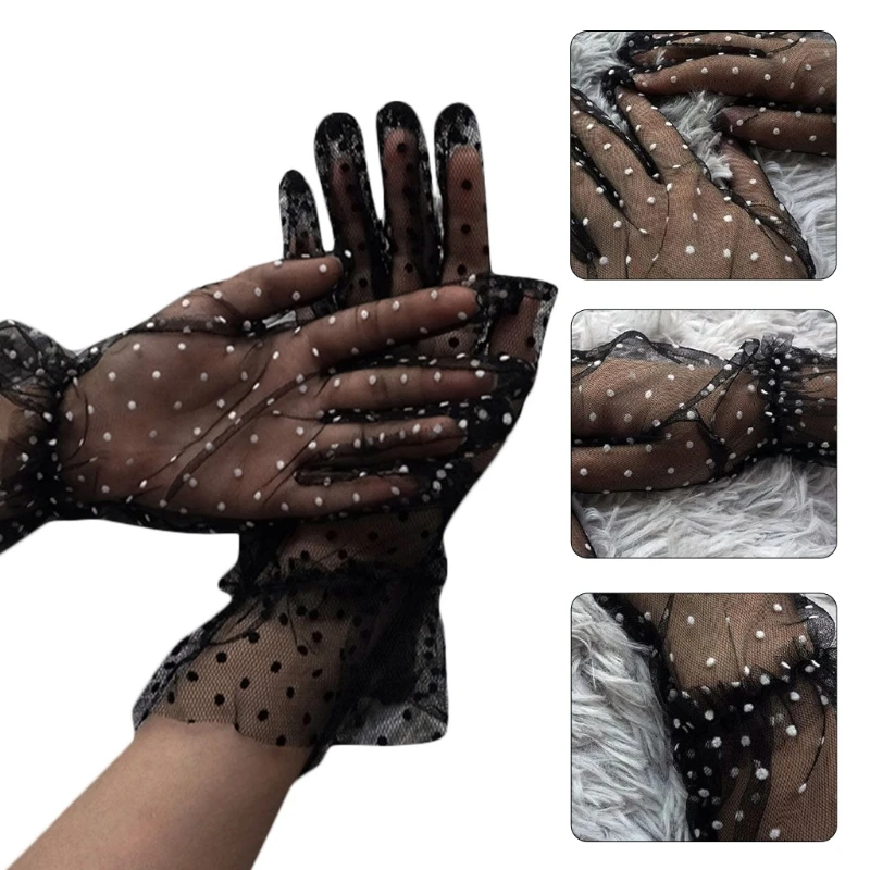 

Women Sheer Lace Short Tulle Full Finger Gloves Vintage Polka Dot Ruffled Mitten