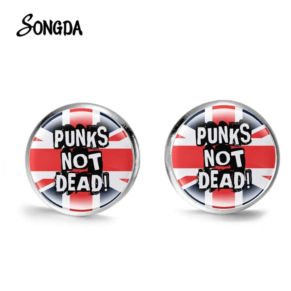 

Bright Color Punk Not Dead Earrings DJ Vinyl Junkie Cartoon Pattern Glass Cabochon Stud Earrings Handicrafts Vintage Ear Jewelry