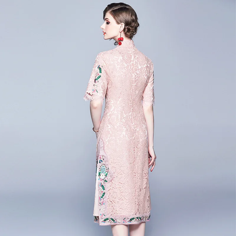 Новинка лета 2019 облегающее кружевное платье с воротником стойкой и