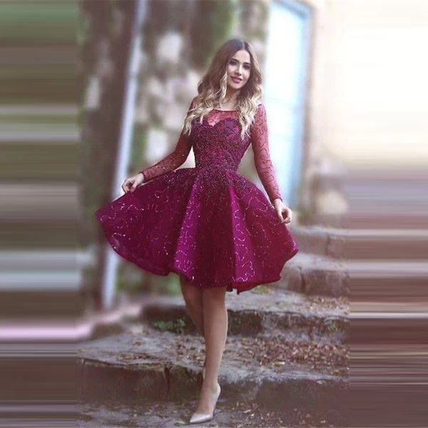 

Короткое фиолетовое платье для выпускного вечера для женщин с иллюзией, длинными рукавами, а-силуэтом, бисером и аппликацией, с круглым выре...