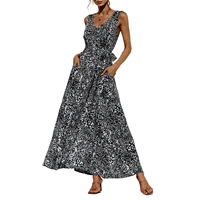 women leopard print long dress summer femme bohemian v neck sleeveless holiday beach vestidos casual maxi dress am3063