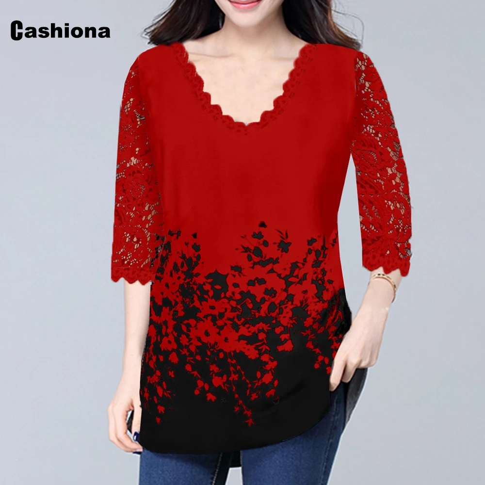 

Women New Elegant Summer Fashion Elasticity Female Casual Loose Ladies print Top Lace Sleeve T-Shirt Plus size Tee Shirt 4xl 5xl