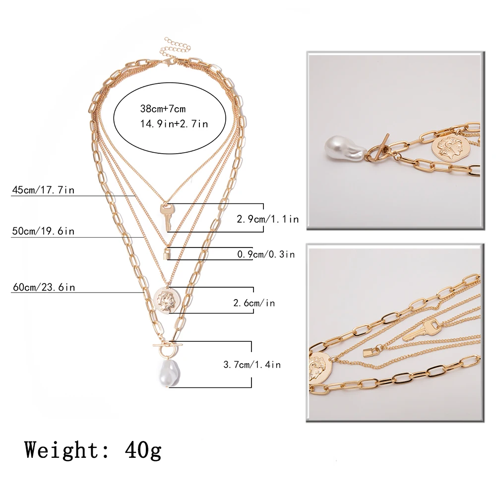 

IngeSight.Z Bohemia Multi Layer Imitation Pearl Choker Necklace Collar Statement Lock Carved Coin Pendant Necklace Women Jewelry