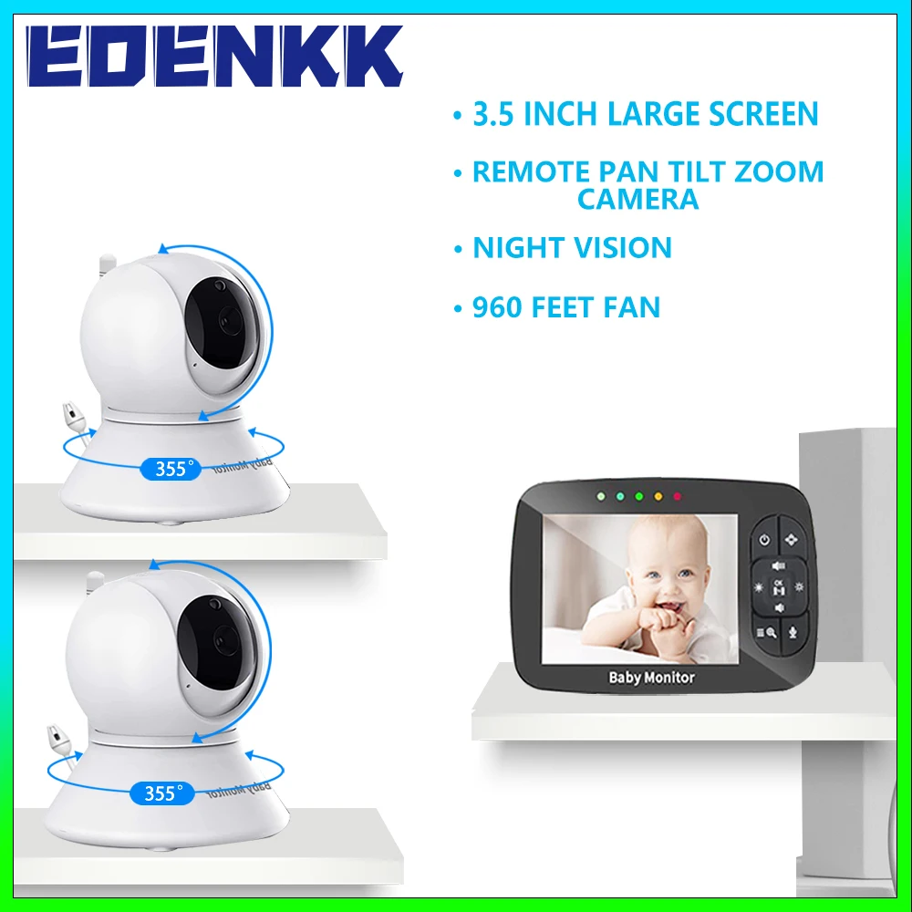 

Baby Monitor with 2 Cameras, Pan Tilt Camera, Wide-View Lens 3.5 Inchs Large Monitor, Night Vision, Two-Way Talk, Long Distance