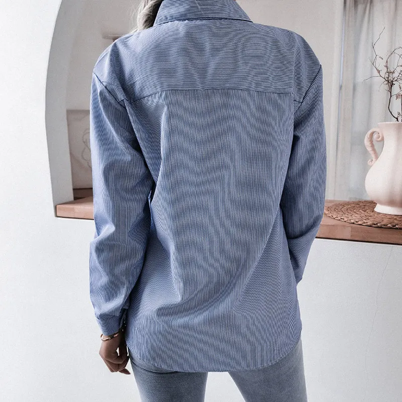 

Blue Striped Women's Shirt Turn-down Collar Long Sleeve Casual Female Shirt 2021 Autumn Loose Office Lady Elegant Top Women