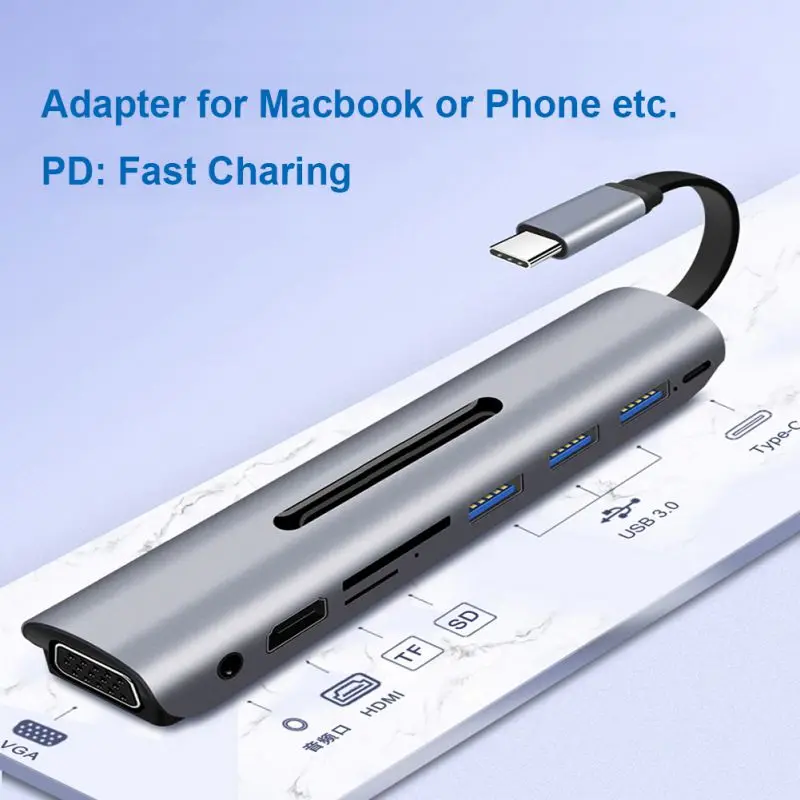 

9-in-1 Adapter 3 dock Type-C To HDMI / VGA / USB Hub 4K Adapter SD Slot USB-C PD with Audio For Macbook Projector new