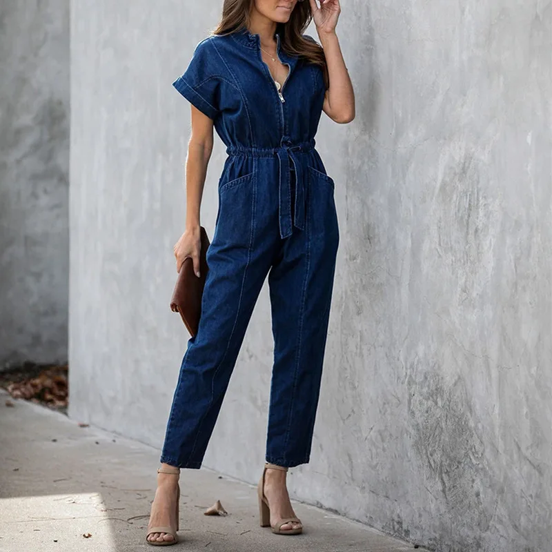 Женский Повседневный джинсовый комбинезон на молнии с v образным вырезом и