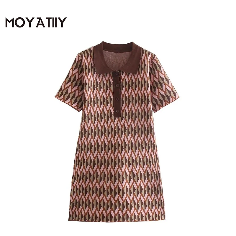 

MOYATIIY 2022 модное летнее Мини-Платье с геометрическим принтом Элегантные платья-рубашки с коротким рукавом женские платья с отложным воротником