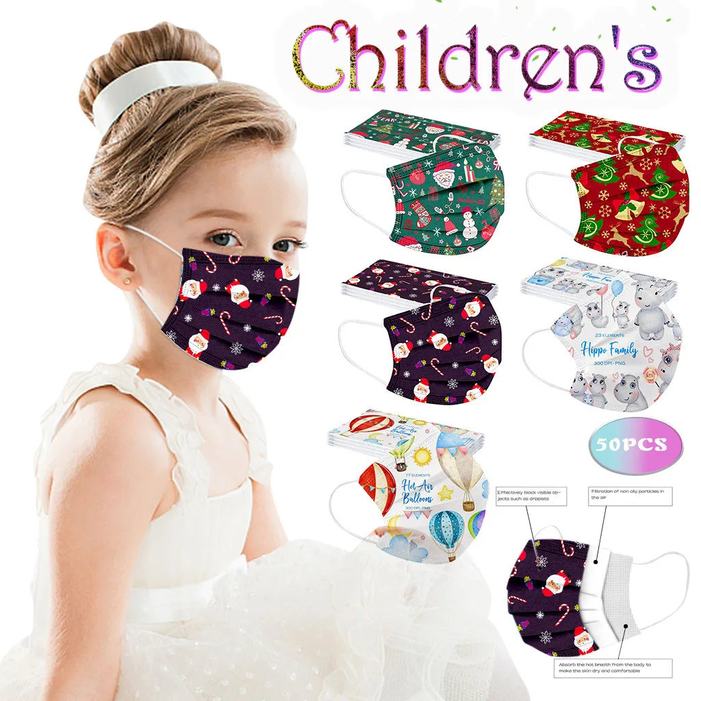 

50 Pcs Multicolor Mix Children' Disposable Christmas Cute Cartoon Pattern Printing Masks Non-woven Melt Blown 3-layer Face Mask