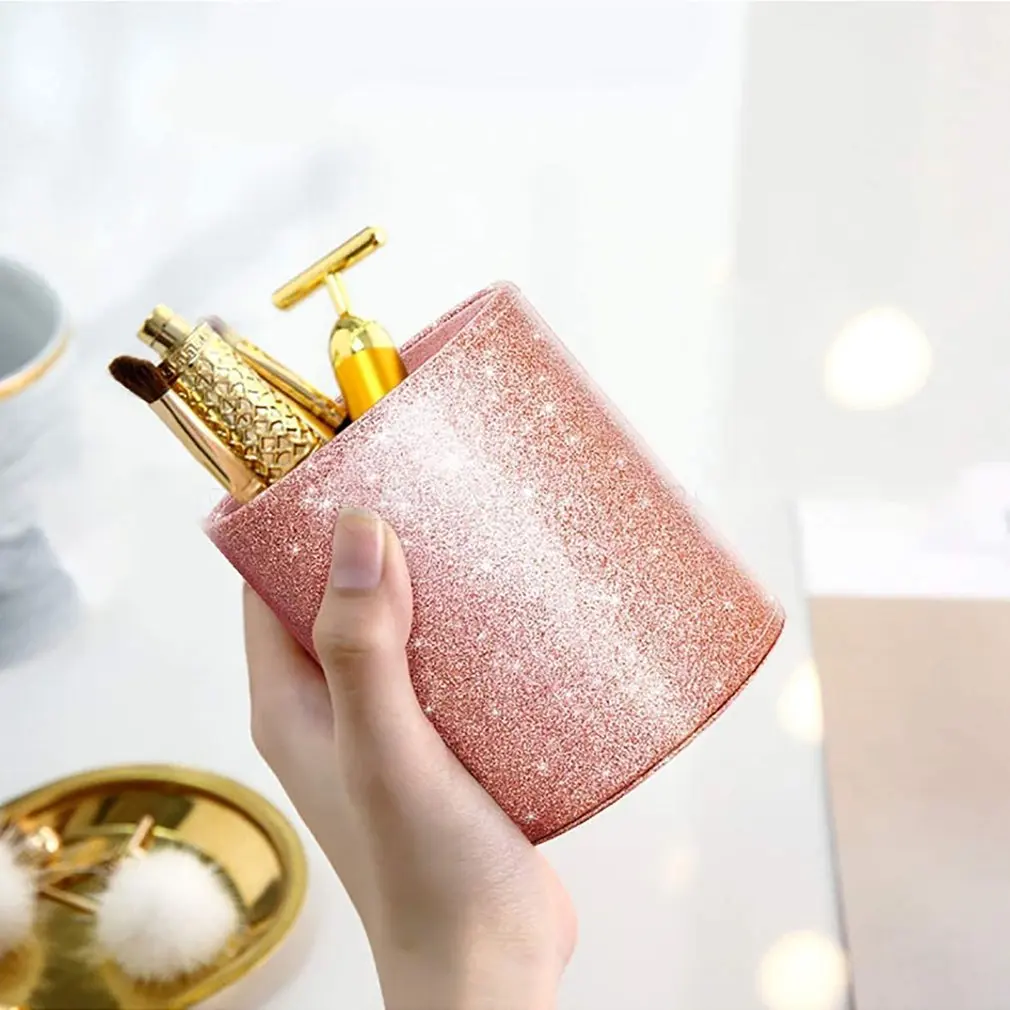 

Desktop Shiny PU Leather Pen Holder Pen Holder Stationery Desk Tidy Container Cosmetic Brush Storage Bucket