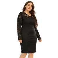 plus size womens clothing burnt hollow out v neck slim fit sheath dress long sleeve middle waist casual fashion one step dress