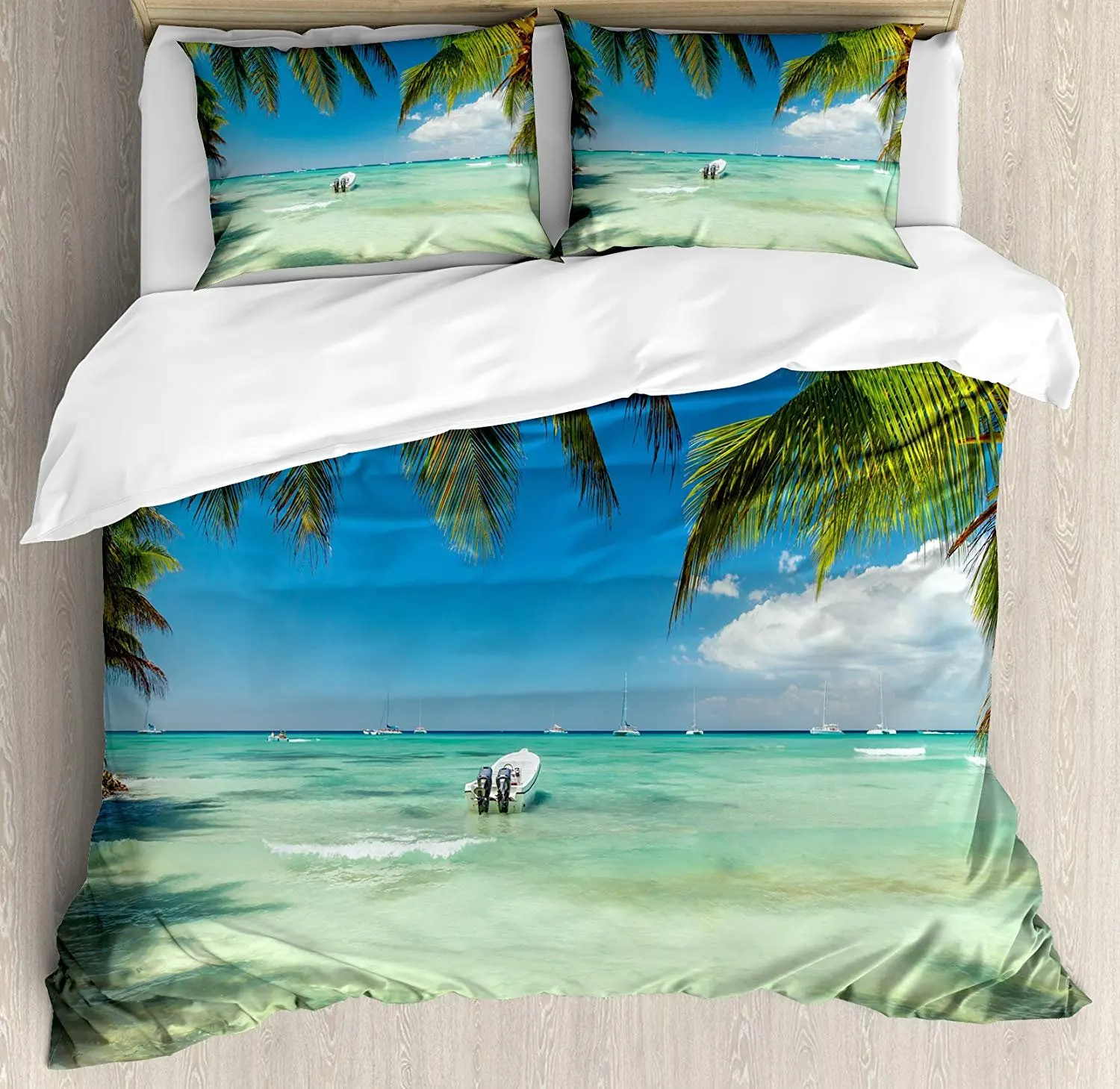 

Tropical Bedding Set Surreal Sea Surrounded by Palm Tree Leaves Scenic Nature Summertime Duvet Cover Set Pillowcase for Home