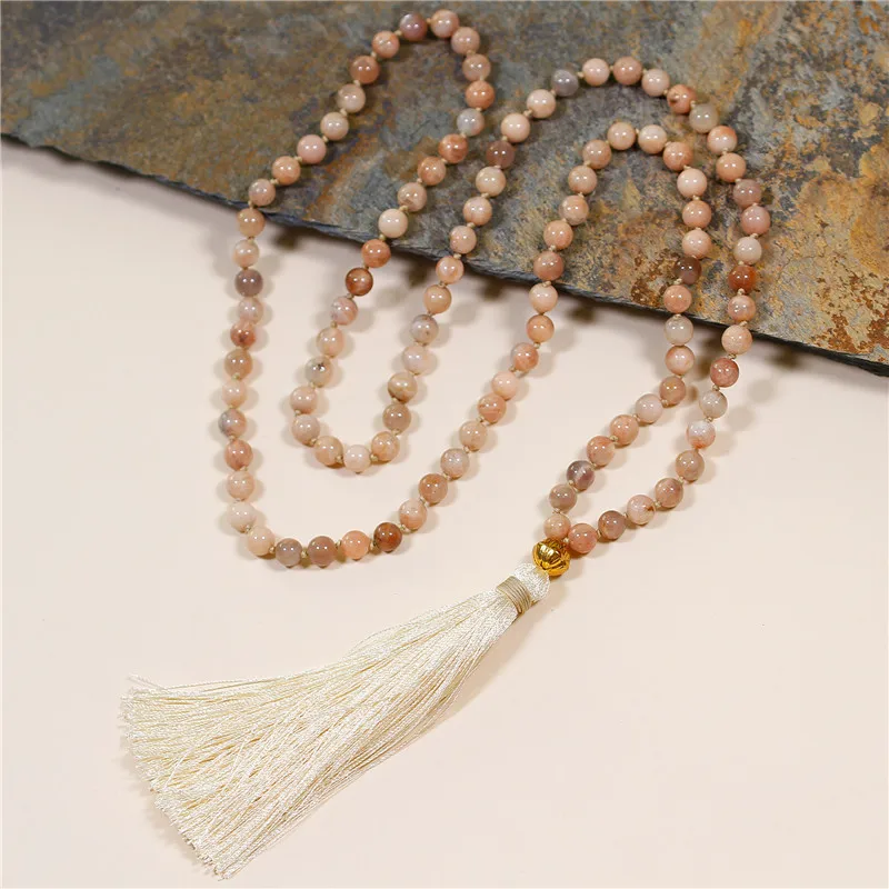 

New 108 Beads Mala Sun Stones lotus flower Tassel Necklace Bead Knotted Meditation Yoga Necklace Handmade Jewelry Dropshipping