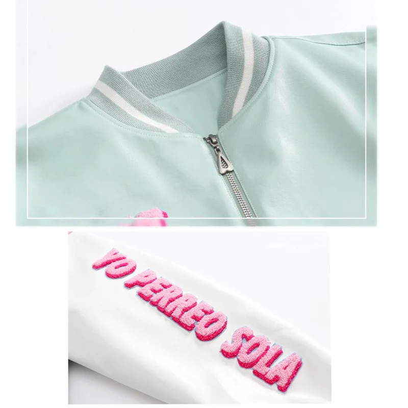 

PU Leather Baseball Jacket Women Furry Embroidery Heart-shaped Skull Varsity Jacket Female Harajuku Couple Oversized Chaquetas