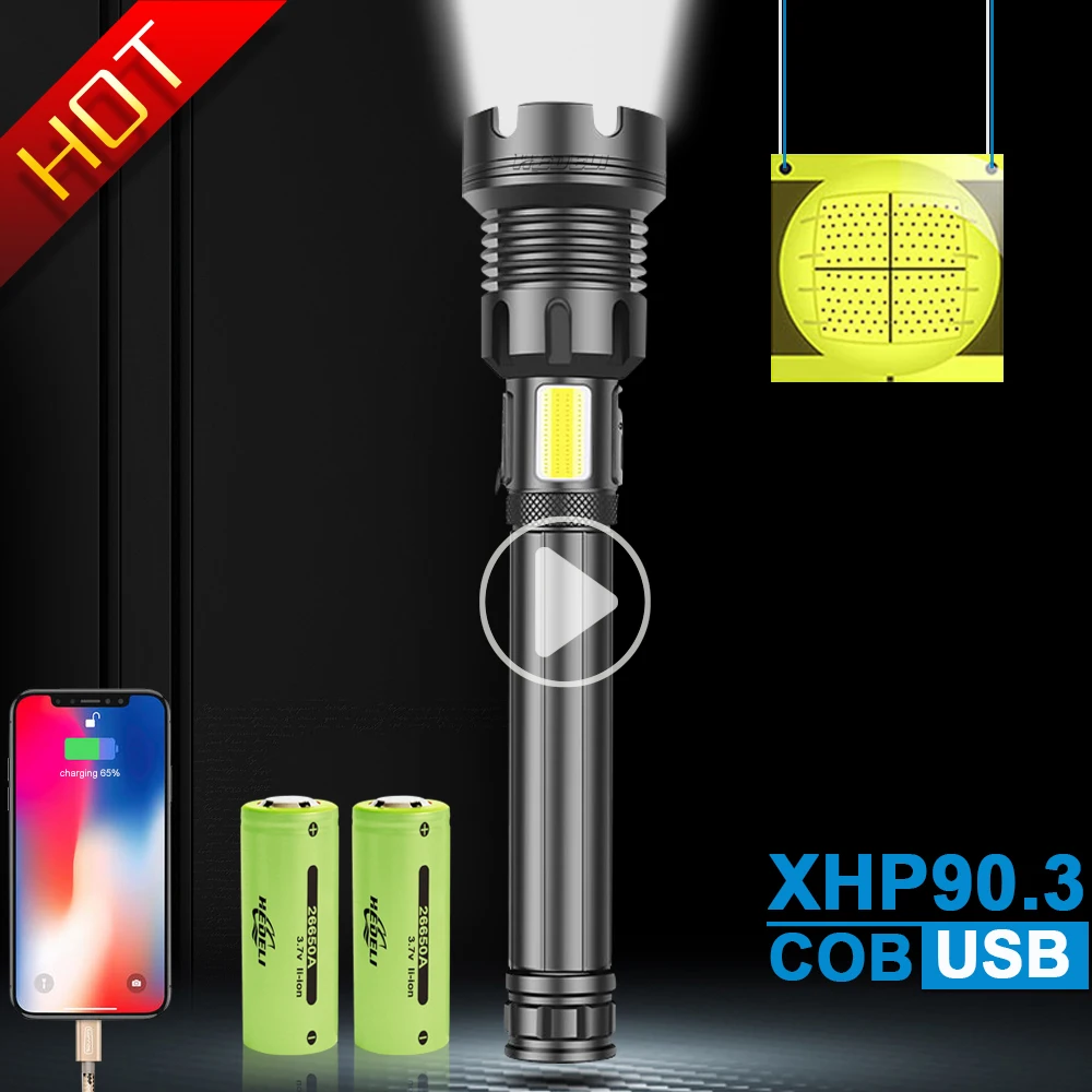 XHP90.3 самый мощный фонарик светодиодный фонарь COB USB Перезаряжаемый 18650 26650