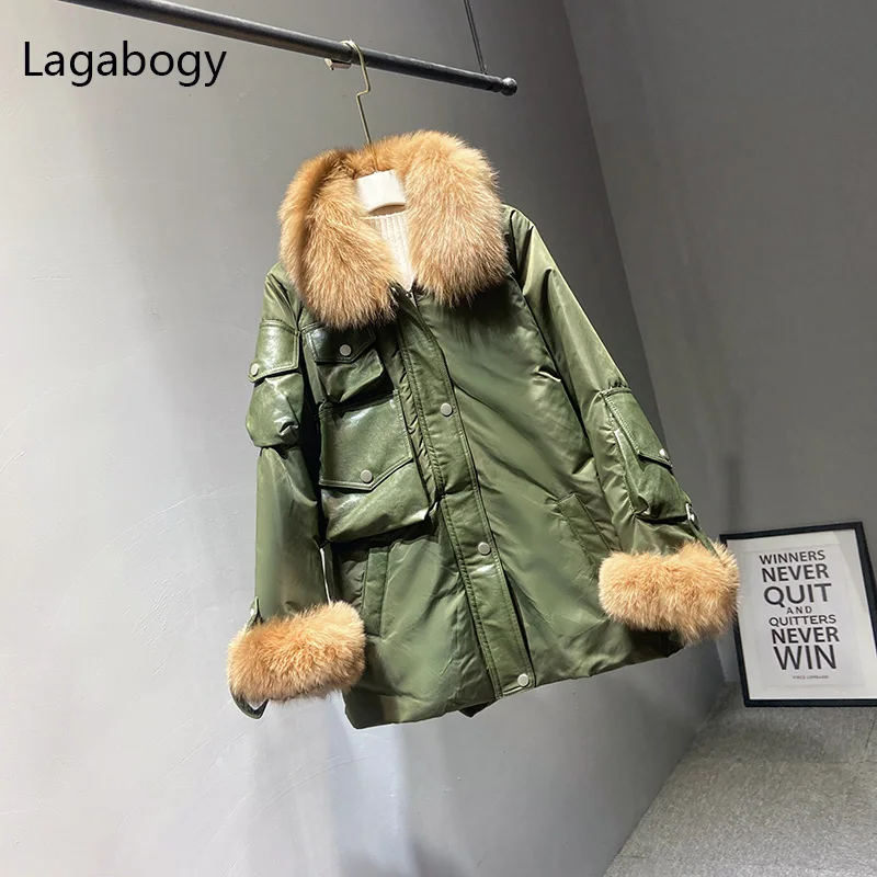 

Lagabogy 2021 Large Real Fox Fur Winter Women 90%White Duck Down Coat Thick Warm Loose Parka Windproof Snow Jacket With Cuff Fur