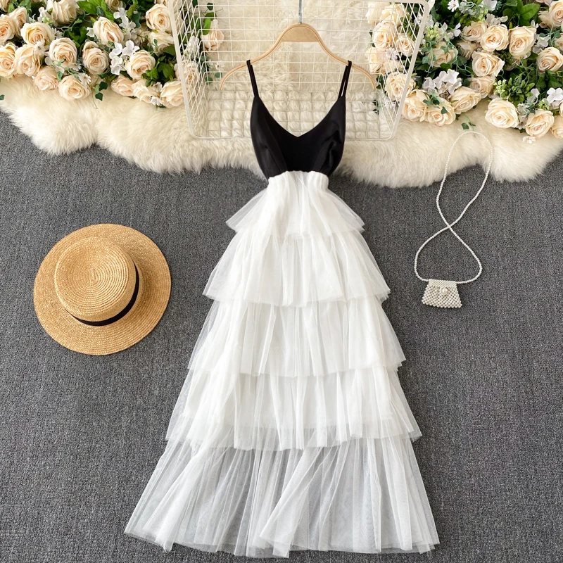 

2021New Women Tulle cake Dress Summer High Waist Sexy Gentle Fairy Dress Female Slim Mesh Splicing Sling Dresses