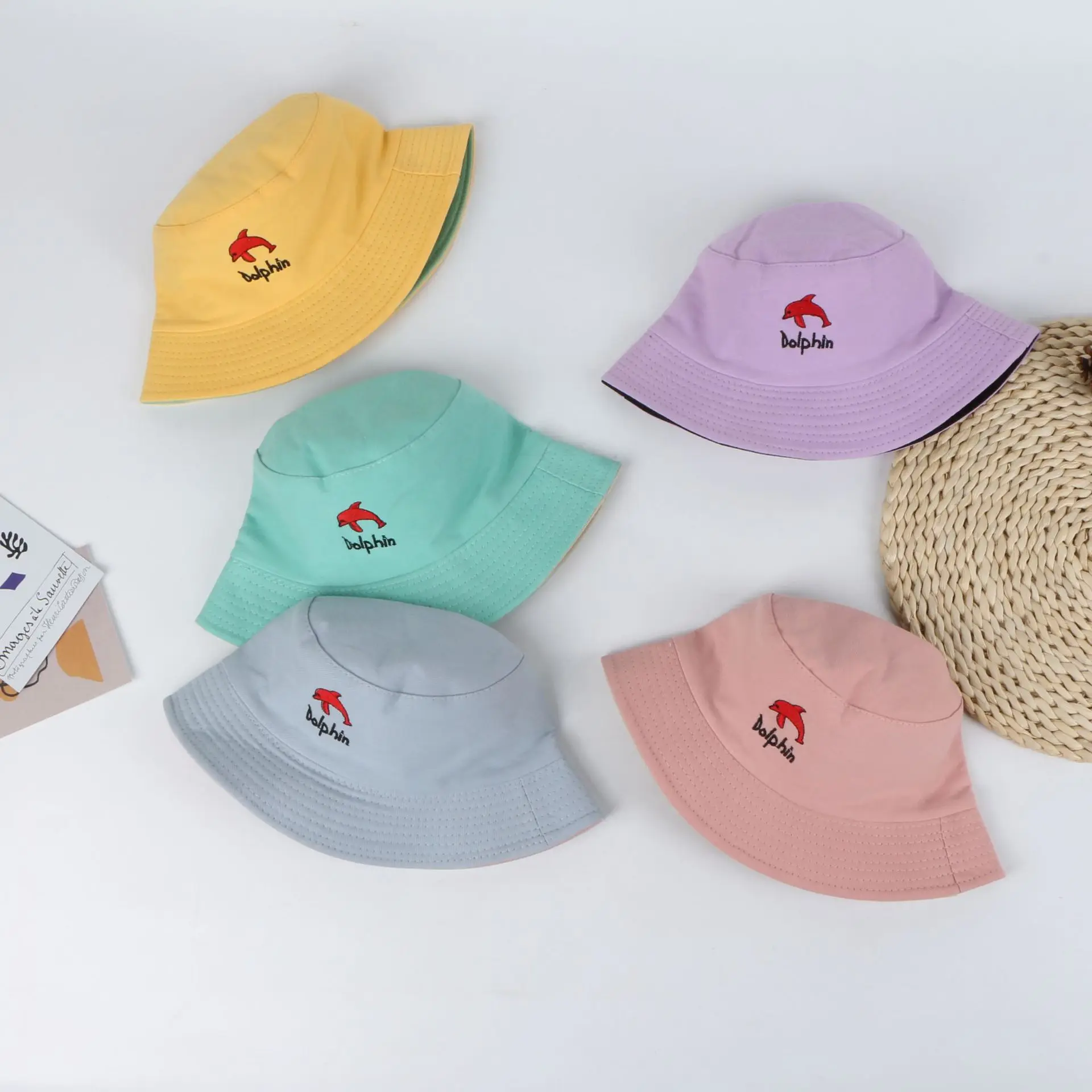 Весенне-летняя Двусторонняя Панама с вышивкой дельфина для маленьких мальчиков