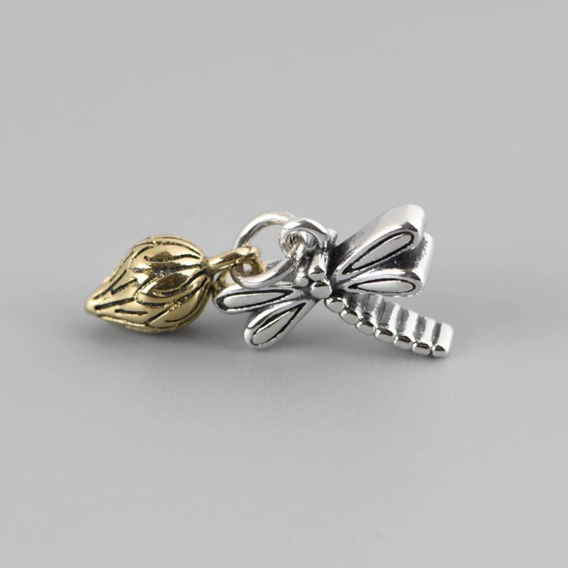 

BALMORA 100% 925 Silver Dragonfly And Golden bud Bracelet Pendant Accessories For Women Retro Pendant Thai Silver Jewelry Gift