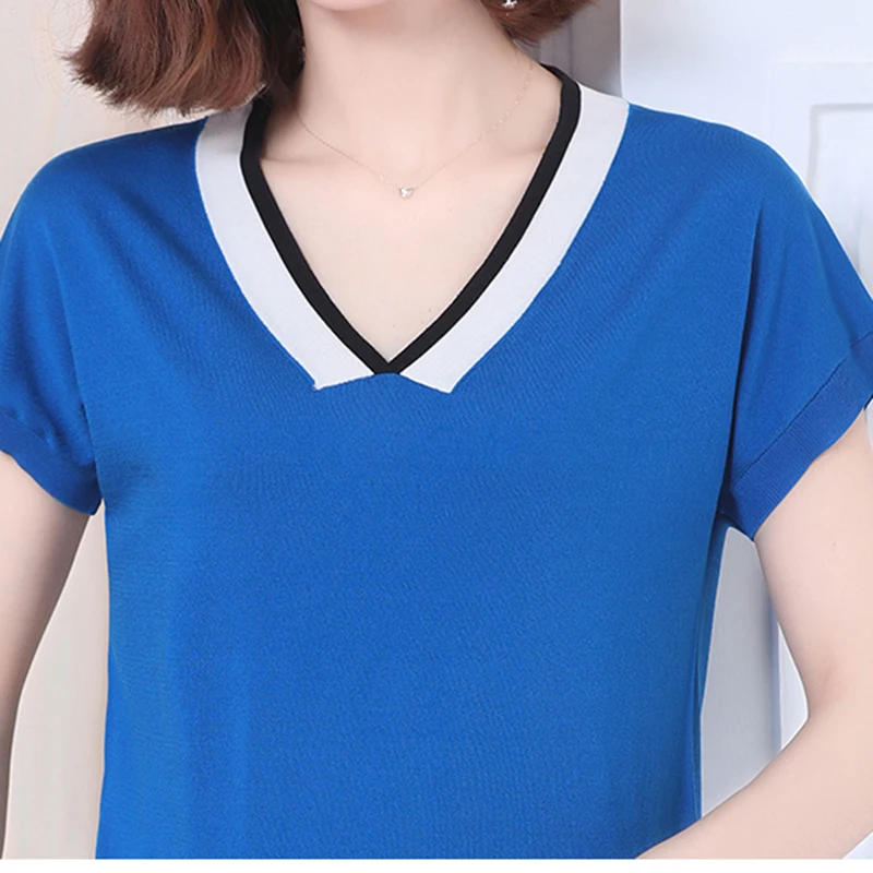 

LJSXLS Summer Short Sleeve Tshirts Women Patchwork Loose Elegant Elasticity Thin Knitted V-Neck T Shirt Black Women Clothing