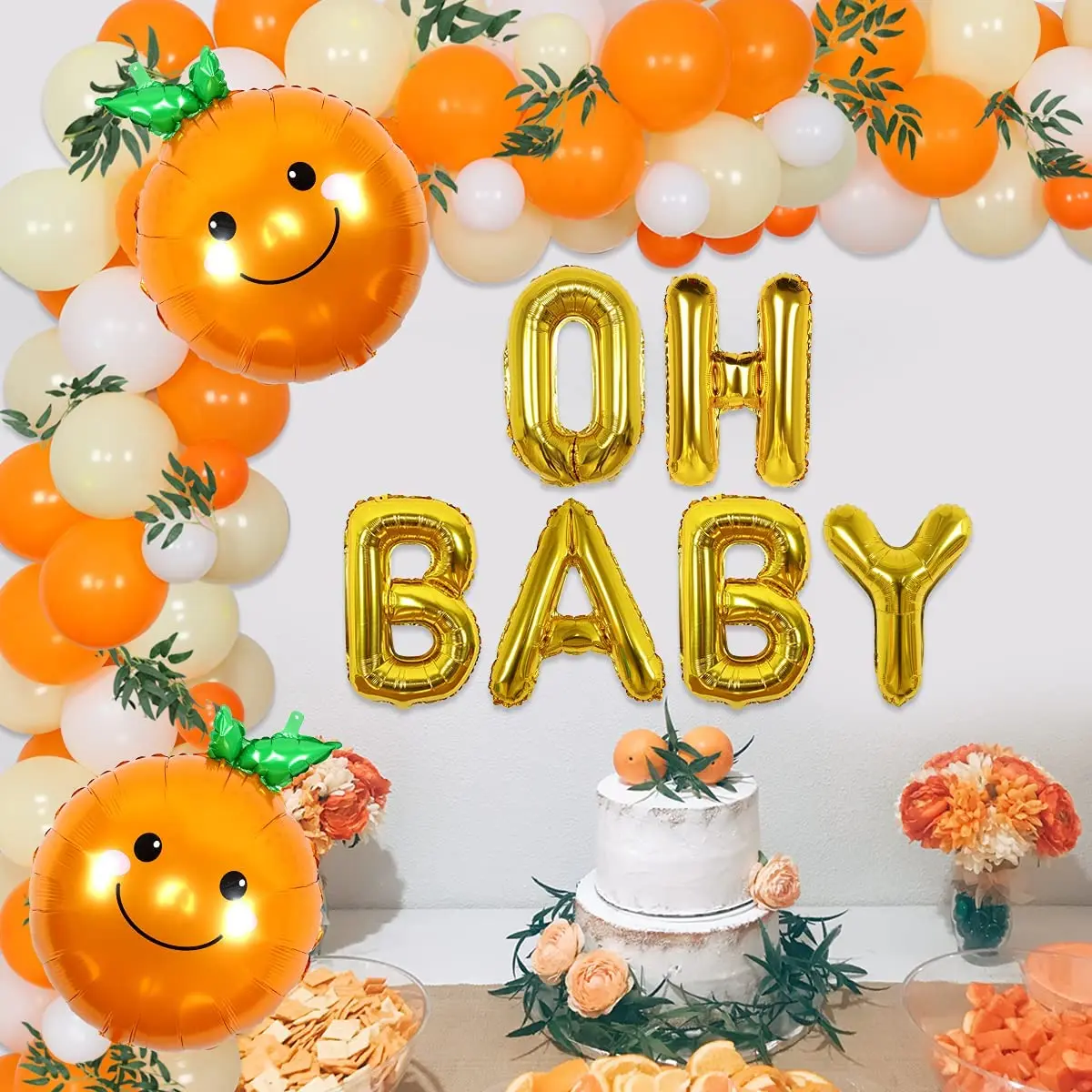 Цитрусовые оранжевые белые воздушные шары зеркальные с зелеными листьями