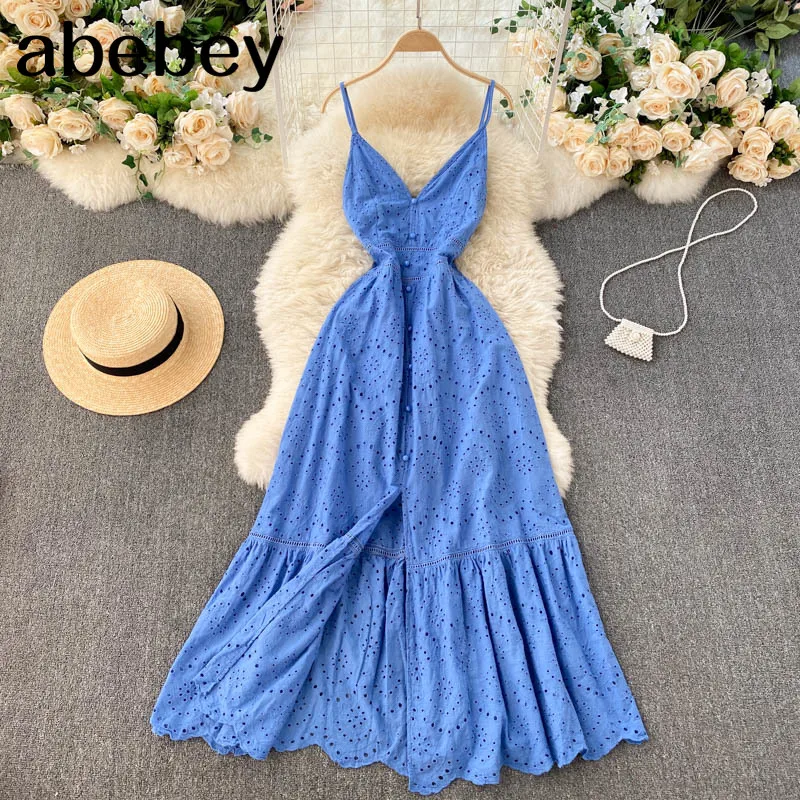 

Bohemian Dress Sexy Deep V-neck ButtonS Up Slim Design Split Ruffle Swing Holiday Dress Women Seaside Mid-calf Casual
