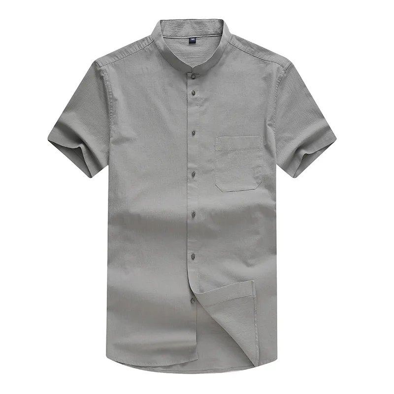

Summer new men's fattening plus size short sleeve shirt young men's fat stand collar morning Casual Short Sleeve Shirt