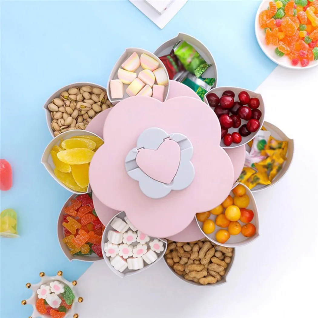 

2-layer Rotating Petal Candy Box Plastic Snack Tray Case Nut Storage Box Rotation Dried Fruit Plate Wedding Gift Home Organizer