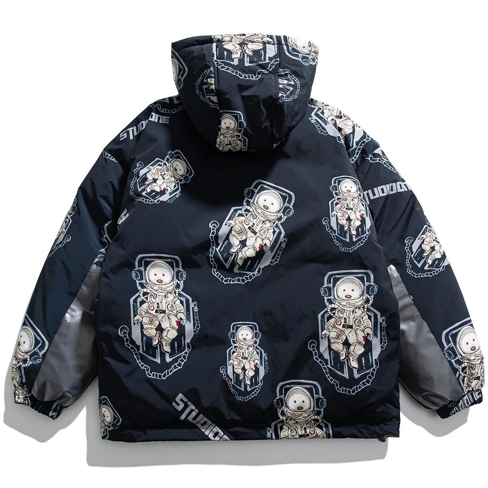 Aolamegs Hooded Winter Jacket Men Cute Cartoon Print College Style Parkas Warm Loose Hip Hop Harajuku Cotton Padded Coat Outwear