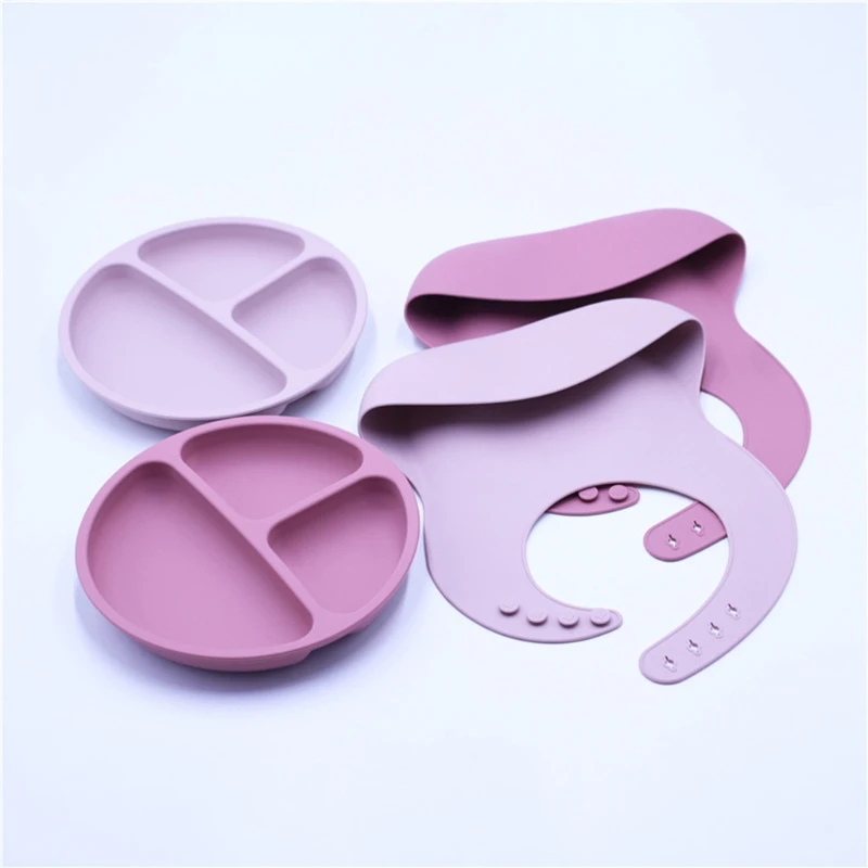 

5pcs/set BPA Free Baby Silicone Tableware Waterproof Bib Solid Color Dinner Plate Sucker Bowl And Spoon For Children