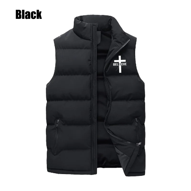 

New Autumn Winter Men's Vest Sleeveless Stand Collar Thick Down Jacket Fashion Casual Printing Zipper Pocket Outwear Plus Size