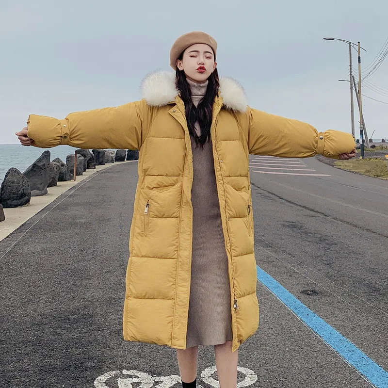 LIJS зима 2019 меховой воротник хлопок с капюшоном длинное пальто женское