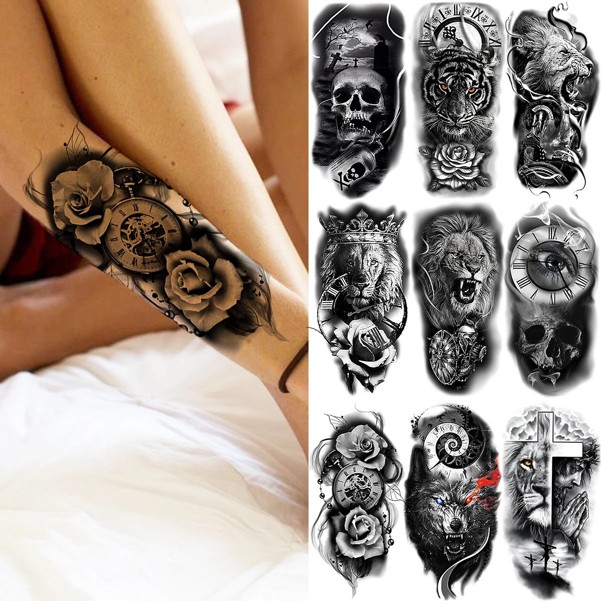 

Временные татуировки для мужчин, женщин, мужчин, Череп, тигр, Лев, корона, волк, крест, имитация татуировки, тату на предплечье