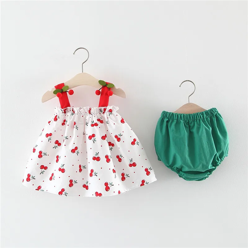 

Summer new brand girl clothing suit baby girl sleeveless cherry print mini dress + green shorts 2PCS children's suit