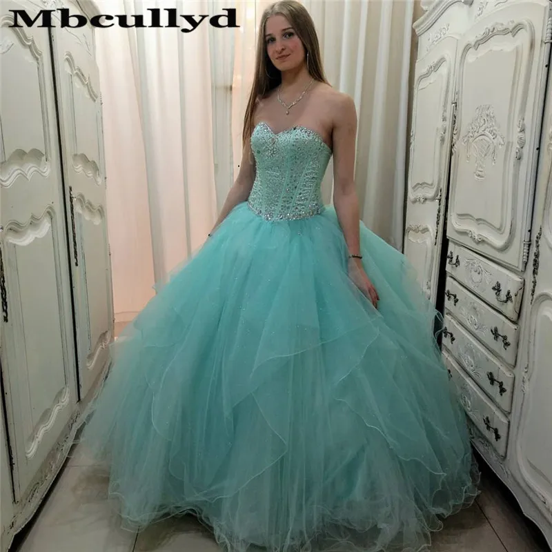 

Mbcullyd Sweetheart Ball Gown Quinceanera Dress 2023 Puffy Tulle Sweet 16 Prom Dress Ruffled Beading Crystal Vestidos De 15 Anos