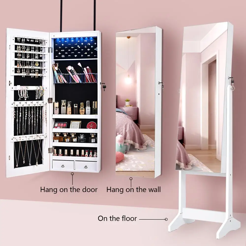 

8 LED Jewelry Organizer Cabinet with Full-Length Body Mirror Wall Door Mounted Jewelry Armoire, Lockable Storage Cabinet