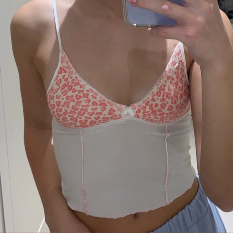 

VIMIMI 2021 Summer New Fashion Sexy V-neck Bowknot Lace Stitching Contrast Leopard Print Navel Slim Sling Ladies Top