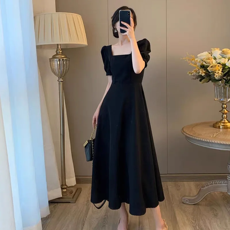 Puff Short Sleeve Dress Women A-line Midi Dresses Black Streetwear Elegant French Style Sexy Defined Waist Square Collar Mujerc