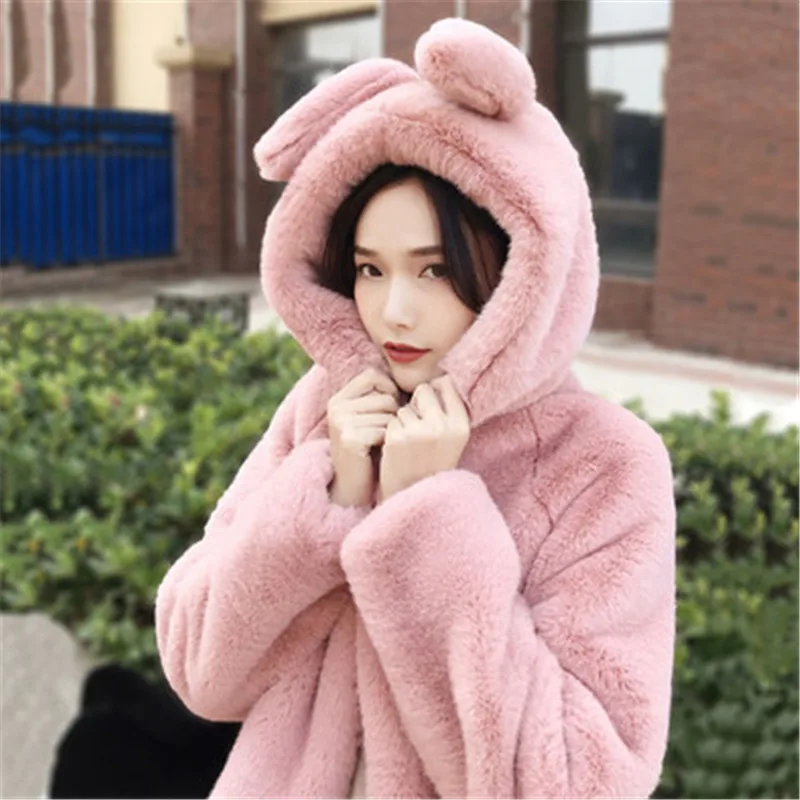 Милое Женское пальто из искусственного меха с заячьими ушками капюшоном