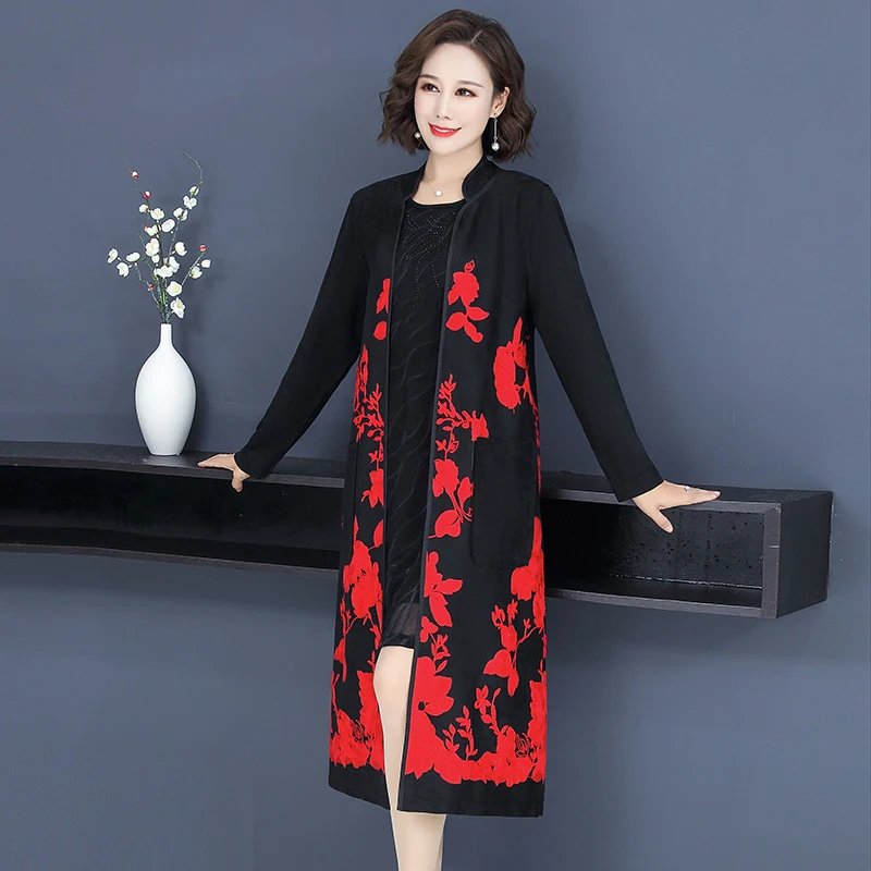 

Fashion 2020 New Spring Autumn Long Trench Cardigan Suede Coats Women Large Size 5xl Female Slim Embroidery Floral Windbreaker