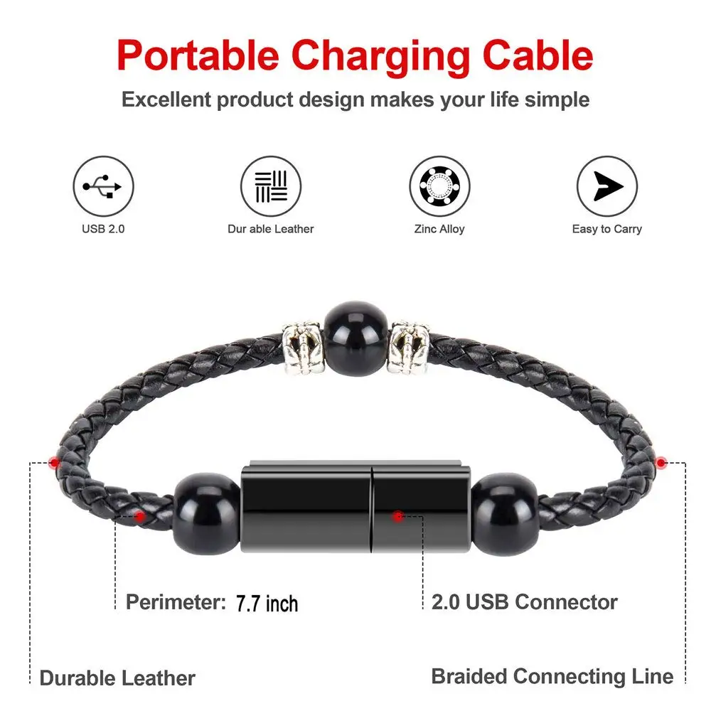 Usb зарядный кабель браслет черный прочный кожаный плетеный портативный